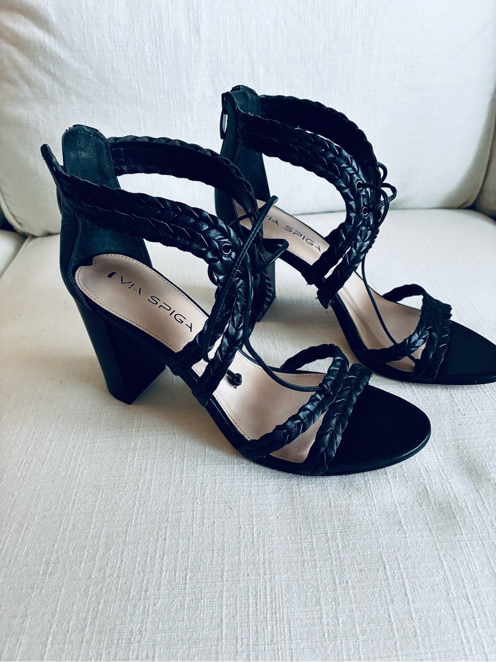 Via Spiga Black Braided Lace-Up Block Heel Sandals V Gardenia Sz 7.5M